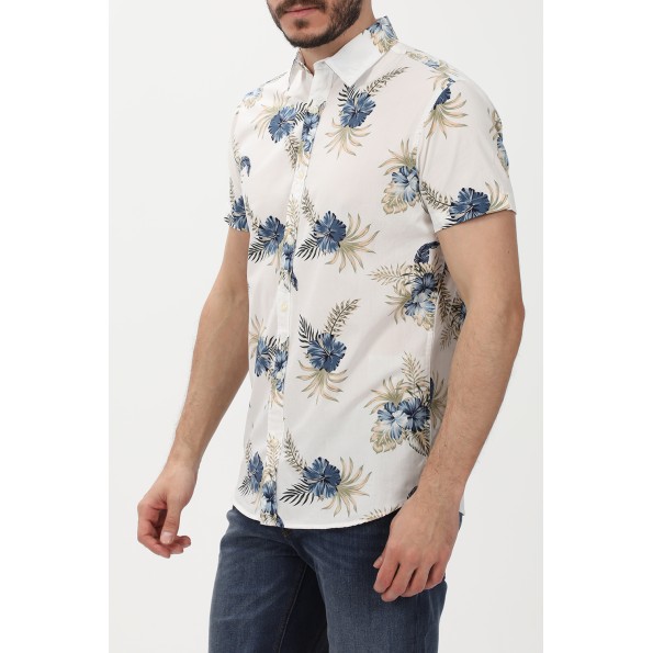 Ανδρικό κοντομάνικο πουκάμισο JACK & JONES 12220474 JJBECS λευκό floral Ανδρικά