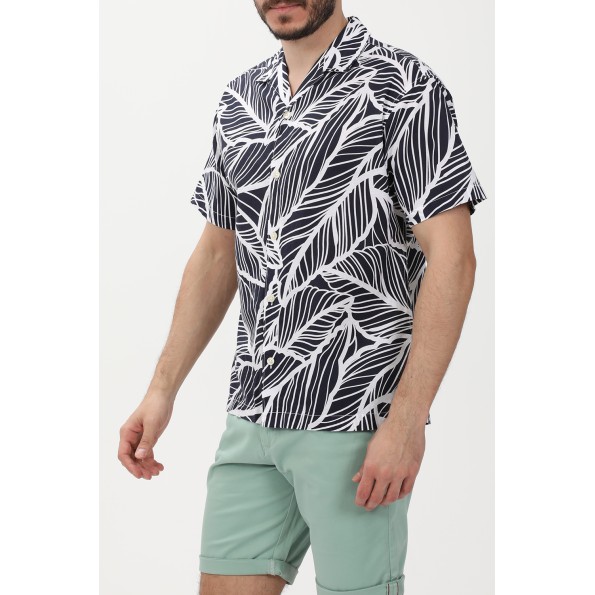 Ανδρικό resort πουκάμισο JACK & JONES 12232394 JPRBLASUMMER LINEN LEAF ασπρόμαυρο Ανδρικά