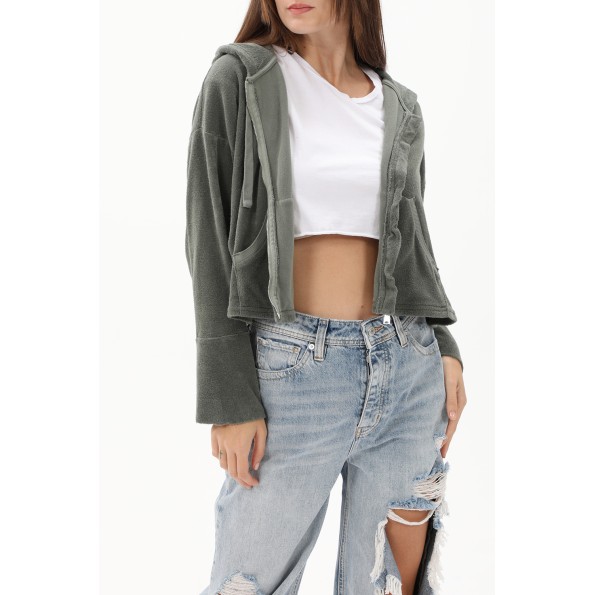 Γυναικεία cropped φούτερ ζακέτα CROSSLEY SPEN TERRY πράσινη γκρι Γυναικεία