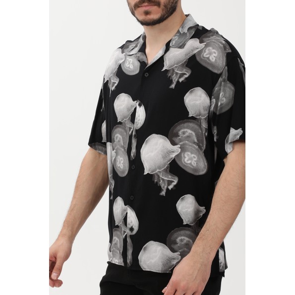Ανδρικό resort πουκάμισο JACK & JONES 12228020 JCOUNNATURAL REGGIE μαύρο εκρού Ανδρικά
