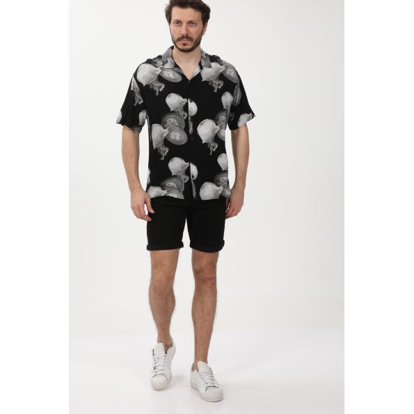 Ανδρικό resort πουκάμισο JACK & JONES 12228020 JCOUNNATURAL REGGIE μαύρο εκρού Ανδρικά