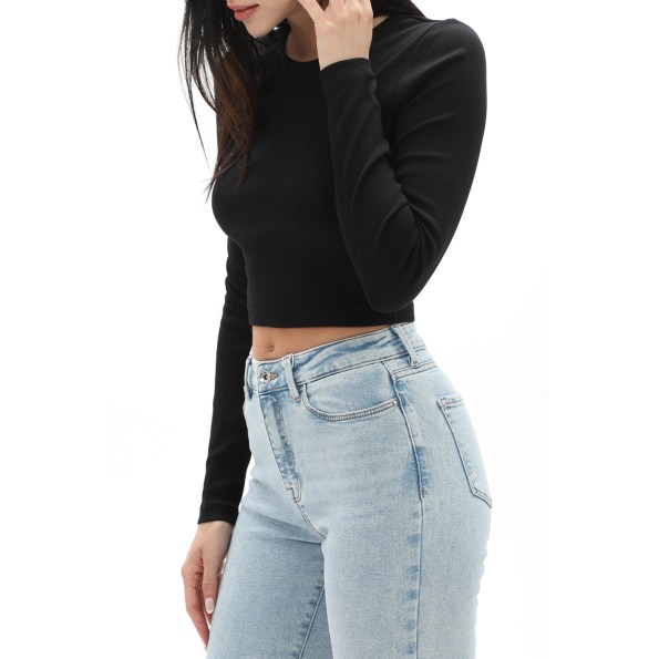 Γυναικείο cropped top JJXX 12200402 JXFELINE STR LS RIB TEE JRS NO μαύρο Γυναικεία